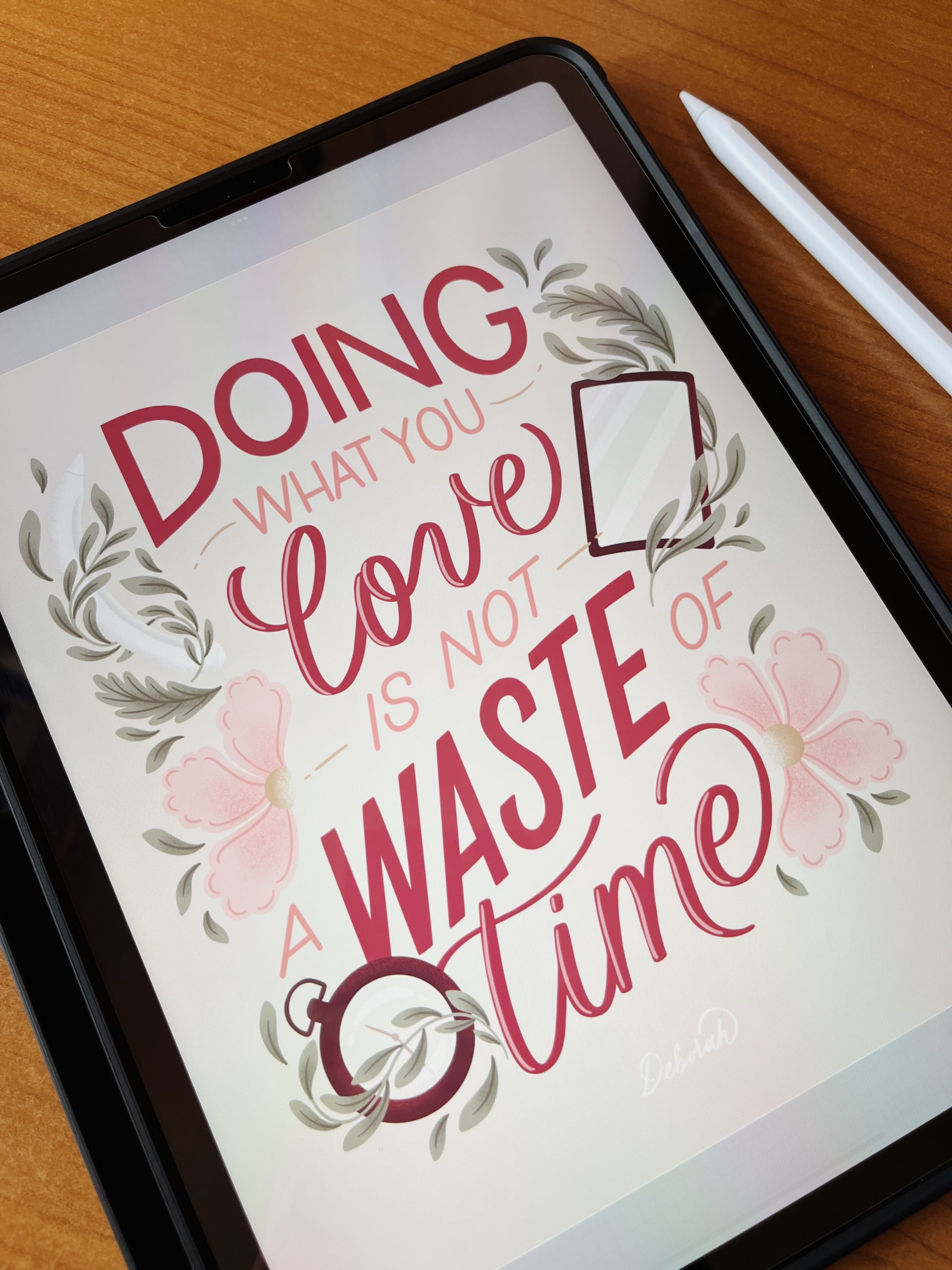 foto di ipad pro che mostra una composizione in lettering digitale realizzata sull'app procreate