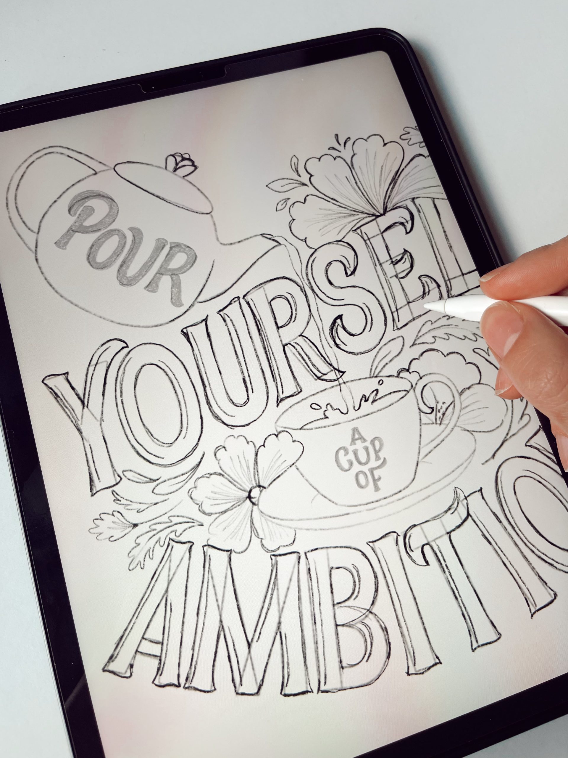 Bozza lettering digitale, frase Pour yourself a cup of ambition disegnata a mano per copertine di libri